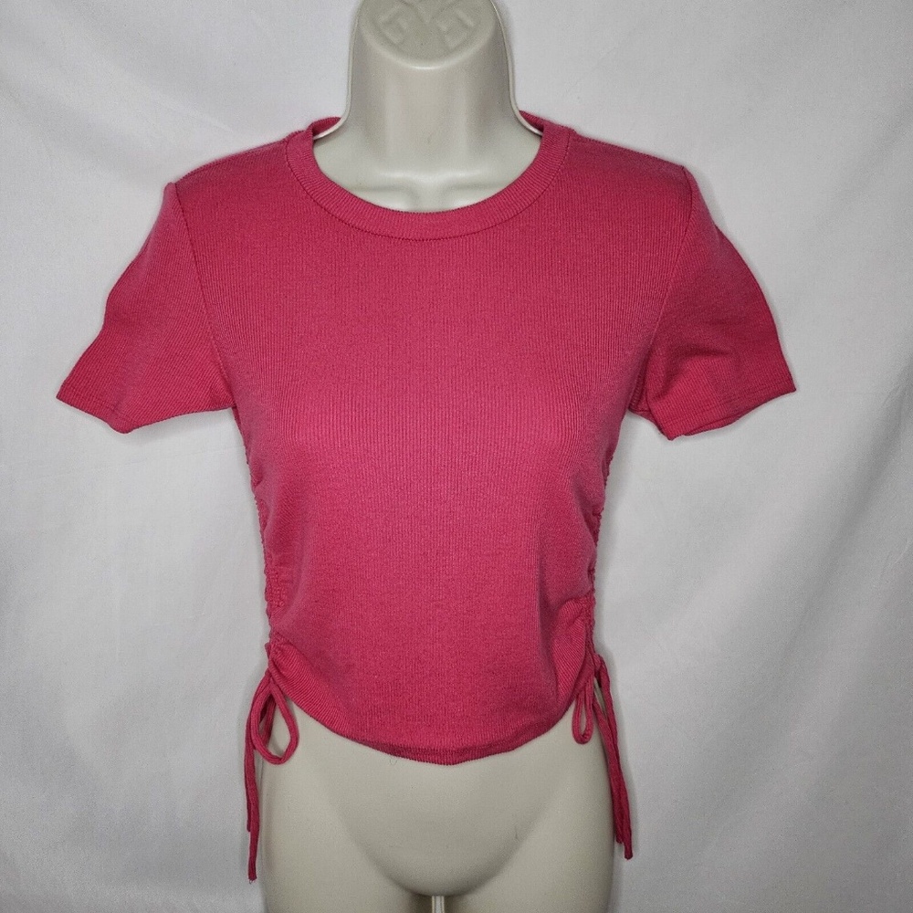 Womens Zara Pink Ribbed Side Cinch Ruched Tie Shirt Short Sleeve Y2K Size M